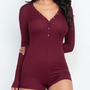 New One Piece Romper Shorts in Burgundy color with front top v-style button